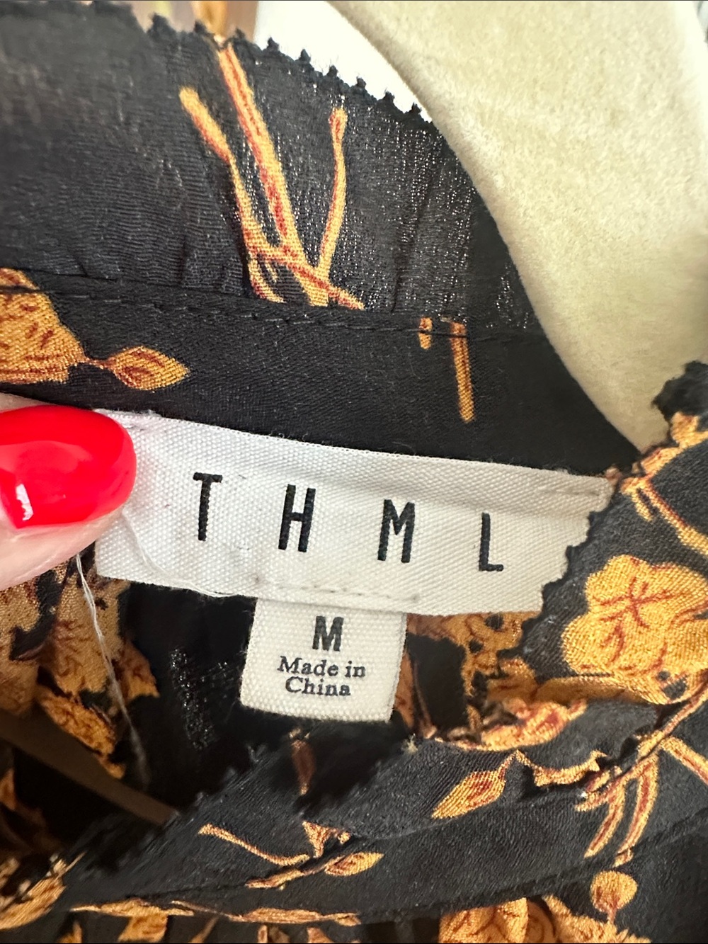 THML Black Blouse with Mustard Floral Print and Ruffled Neck - Picture 2 of 7